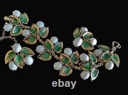 Schiaparelli White Milk Glass Green Enamel Gold Plated Leaf Cluster Bracelet