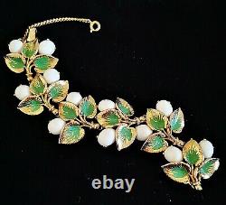 Schiaparelli White Milk Glass Green Enamel Gold Plated Leaf Cluster Bracelet