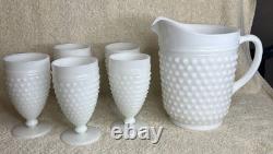 Set 6 Anchor Hocking White Milk Glass Hobnail Pitcher & 5 Goblets Water Glass