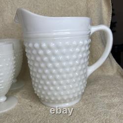 Set 6 Anchor Hocking White Milk Glass Hobnail Pitcher & 5 Goblets Water Glass