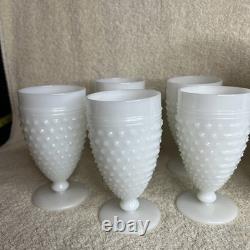 Set 6 Anchor Hocking White Milk Glass Hobnail Pitcher & 5 Goblets Water Glass