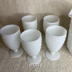 Set 6 Anchor Hocking White Milk Glass Hobnail Pitcher & 5 Goblets Water Glass