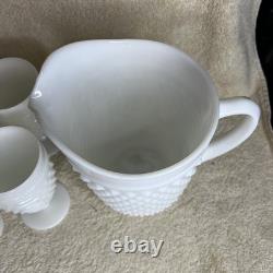 Set 6 Anchor Hocking White Milk Glass Hobnail Pitcher & 5 Goblets Water Glass