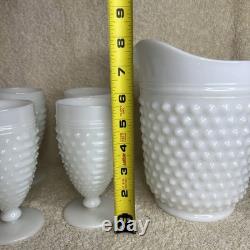 Set 6 Anchor Hocking White Milk Glass Hobnail Pitcher & 5 Goblets Water Glass