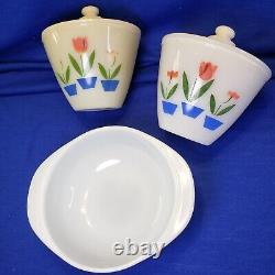 Set Of 2 Vintage Anchor Hocking Fire King Tulip Ivory Jar with Lid & Pyrex Bowl