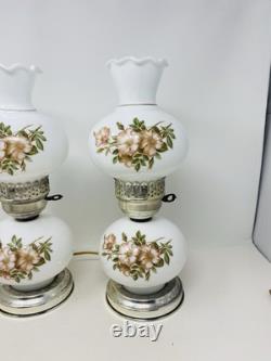 Set Of 2 Vintage Hurricane 3 Way Lamps White Milk Glass Pink Floral Blossom 15