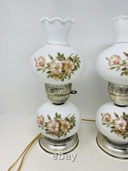 Set Of 2 Vintage Hurricane 3 Way Lamps White Milk Glass Pink Floral Blossom 15