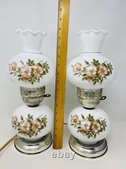 Set Of 2 Vintage Hurricane 3 Way Lamps White Milk Glass Pink Floral Blossom 15
