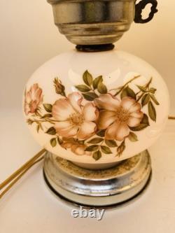 Set Of 2 Vintage Hurricane 3 Way Lamps White Milk Glass Pink Floral Blossom 15