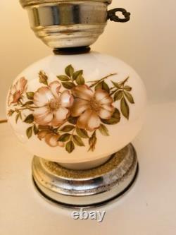 Set Of 2 Vintage Hurricane 3 Way Lamps White Milk Glass Pink Floral Blossom 15