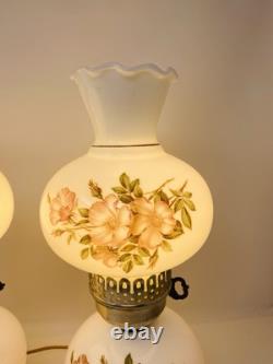Set Of 2 Vintage Hurricane 3 Way Lamps White Milk Glass Pink Floral Blossom 15