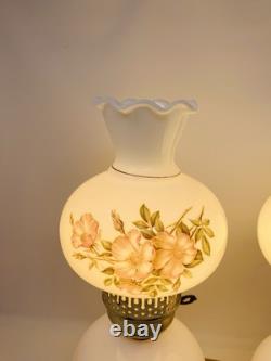 Set Of 2 Vintage Hurricane 3 Way Lamps White Milk Glass Pink Floral Blossom 15
