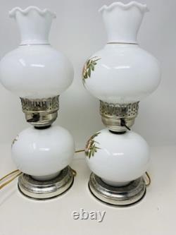 Set Of 2 Vintage Hurricane 3 Way Lamps White Milk Glass Pink Floral Blossom 15