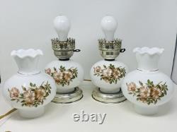 Set Of 2 Vintage Hurricane 3 Way Lamps White Milk Glass Pink Floral Blossom 15