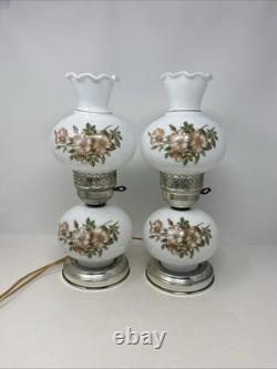 Set Of 2 Vintage Hurricane 3 Way Lamps White Milk Glass Pink Floral Blossom 15