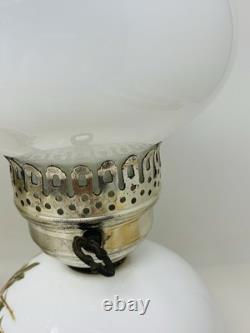 Set Of 2 Vintage Hurricane 3 Way Lamps White Milk Glass Pink Floral Blossom 15