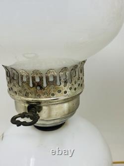 Set Of 2 Vintage Hurricane 3 Way Lamps White Milk Glass Pink Floral Blossom 15