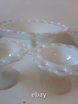 Set Of 5 Vintage Anchor Hocking Old Colony Milk Glass Compote Lace Edge