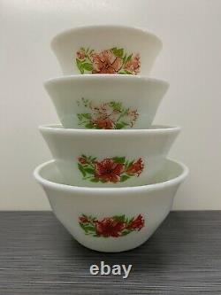 Set Of Four (4) McKee Glass Co. Red Amaryllis Hibiscus Floral Bell Bowls