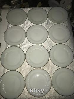 Set of 12 FIRE KING Suburbia MILK GLASS Spiral/Swirl GOLD TRIM 10 Dinner PLATES