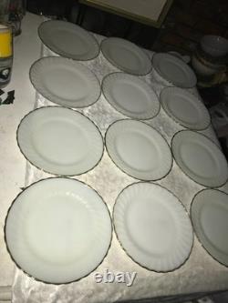 Set of 12 FIRE KING Suburbia MILK GLASS Spiral/Swirl GOLD TRIM 10 Dinner PLATES