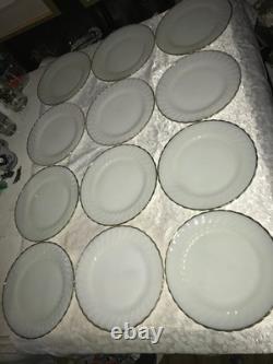 Set of 12 FIRE KING Suburbia MILK GLASS Spiral/Swirl GOLD TRIM 10 Dinner PLATES