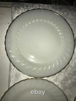 Set of 12 FIRE KING Suburbia MILK GLASS Spiral/Swirl GOLD TRIM 10 Dinner PLATES