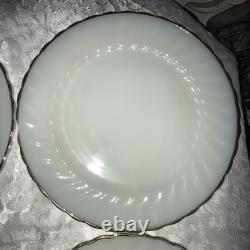 Set of 12 FIRE KING Suburbia MILK GLASS Spiral/Swirl GOLD TRIM 10 Dinner PLATES