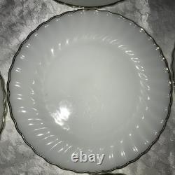 Set of 12 FIRE KING Suburbia MILK GLASS Spiral/Swirl GOLD TRIM 10 Dinner PLATES