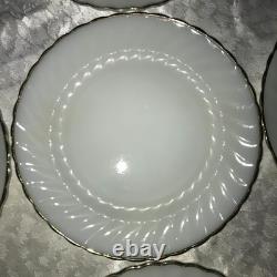 Set of 12 FIRE KING Suburbia MILK GLASS Spiral/Swirl GOLD TRIM 10 Dinner PLATES