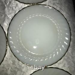 Set of 12 FIRE KING Suburbia MILK GLASS Spiral/Swirl GOLD TRIM 10 Dinner PLATES