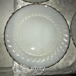 Set of 12 FIRE KING Suburbia MILK GLASS Spiral/Swirl GOLD TRIM 10 Dinner PLATES
