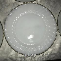Set of 12 FIRE KING Suburbia MILK GLASS Spiral/Swirl GOLD TRIM 10 Dinner PLATES