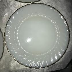 Set of 12 FIRE KING Suburbia MILK GLASS Spiral/Swirl GOLD TRIM 10 Dinner PLATES