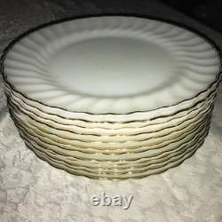 Set of 12 FIRE KING Suburbia MILK GLASS Spiral/Swirl GOLD TRIM 10 Dinner PLATES