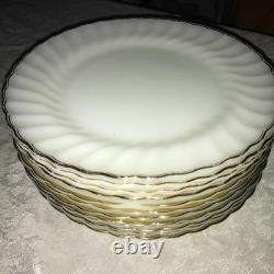 Set of 12 FIRE KING Suburbia MILK GLASS Spiral/Swirl GOLD TRIM 10 Dinner PLATES