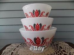 Set of 3 Fire King Modern Tulip White Milk Glass with Red & Black Mixing Bowls