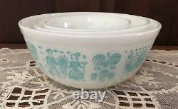 Set of 3 Pyrex Amish Butter Mixing Nesting Bowls 401 402 403 White Turquoise