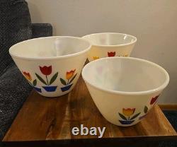 Set of 3 Vintage Fire King Glass Tulip Nesting Kitchen Mixing Bowls MCM