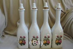 Set of 4 Antique Milk Glass Barber Bottles with original Stoppers