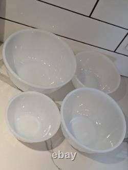 Set of 4 FIRE-KING 6, 7, 8, 9 Mixing Serving White Milk Glass Nesting Bowls