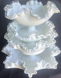 Set of 4 White Milk Glass Round Bowls with Clear Ruffled Rim/Edge