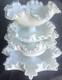 Set Of 4 White Milk Glass Round Bowls With Clear Ruffled Rim/edge