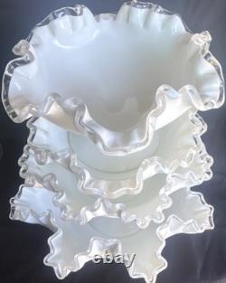 Set of 4 White Milk Glass Round Bowls with Clear Ruffled Rim/Edge