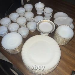 Set of 48 Anchor Hocking Suburbia Cups Plates Bowls Milk Glass Swirl Gold Trim
