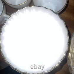 Set of 48 Anchor Hocking Suburbia Cups Plates Bowls Milk Glass Swirl Gold Trim