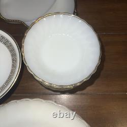 Set of 48 Anchor Hocking Suburbia Cups Plates Bowls Milk Glass Swirl Gold Trim