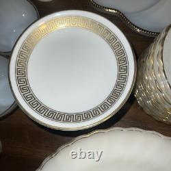Set of 48 Anchor Hocking Suburbia Cups Plates Bowls Milk Glass Swirl Gold Trim