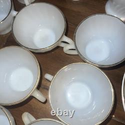 Set of 48 Anchor Hocking Suburbia Cups Plates Bowls Milk Glass Swirl Gold Trim