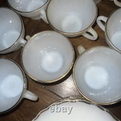 Set of 48 Anchor Hocking Suburbia Cups Plates Bowls Milk Glass Swirl Gold Trim